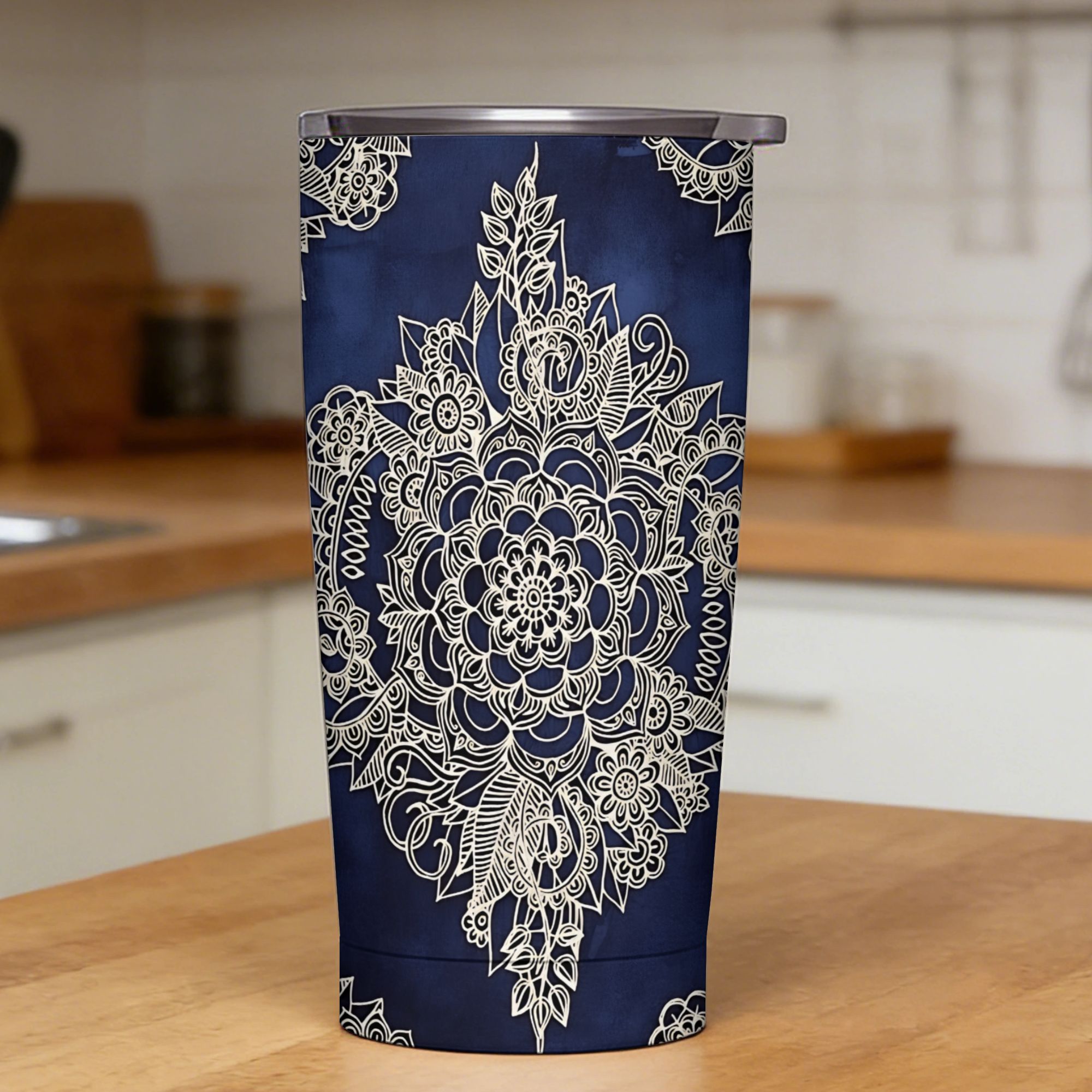 Tumbler 20Oz White - Богемская сине-белая кружка с цветочным узором