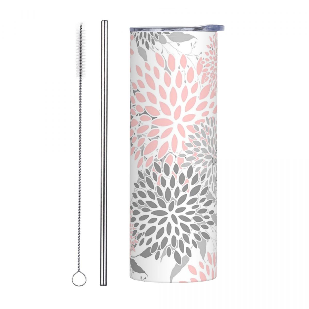 Tumbler 20Oz White - Цветочные листья и цветы, розовый, серый